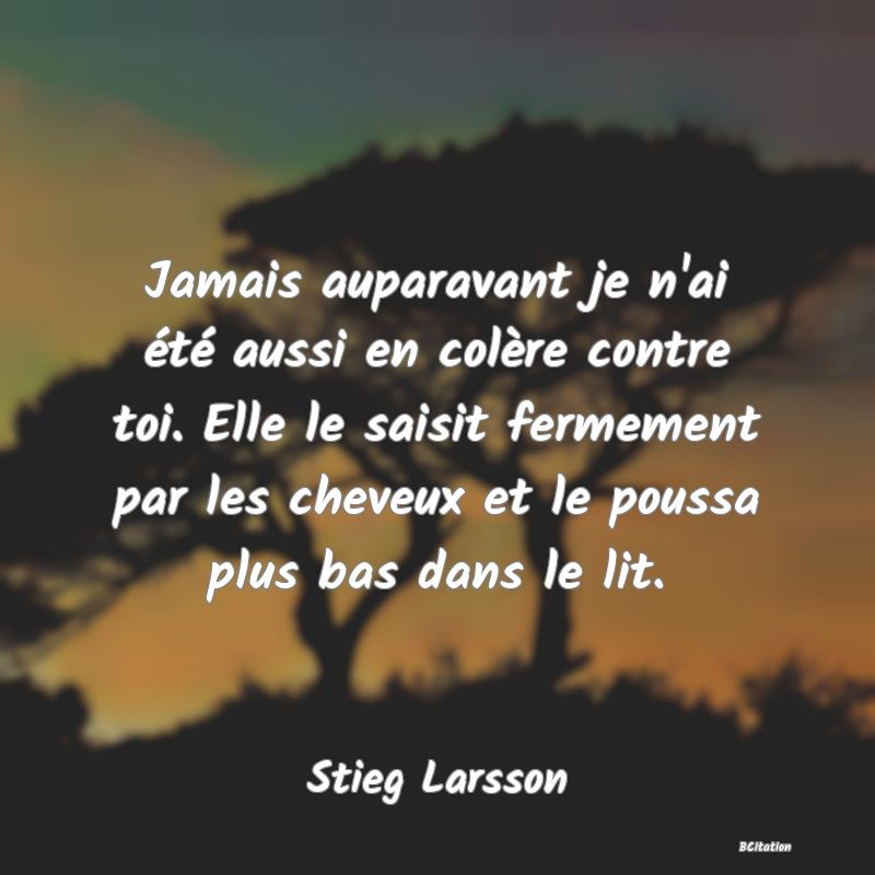 image de citation: Jamais auparavant je n'ai été aussi en colère contre toi. Elle le saisit fermement par les cheveux et le poussa plus bas dans le lit.