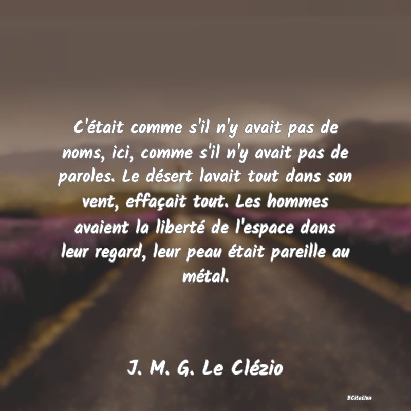 image de citation: C'était comme s'il n'y avait pas de noms, ici, comme s'il n'y avait pas de paroles. Le désert lavait tout dans son vent, effaçait tout. Les hommes avaient la liberté de l'espace dans leur regard, leur peau était pareille au métal.