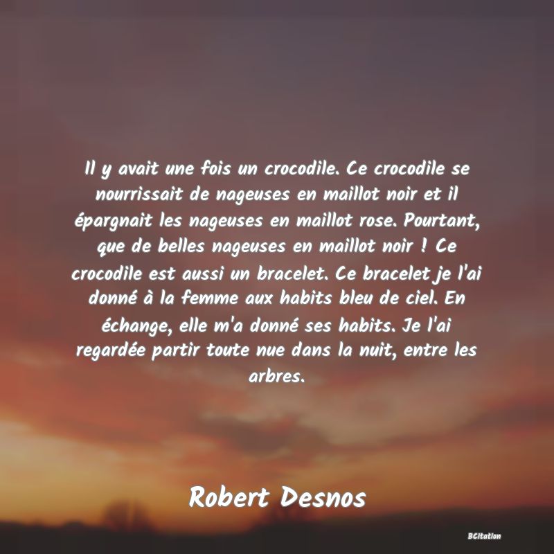 Belle Citation - Il y avait une fois un crocodile. Ce crocodile se nourrissait de nageuses en maillot noir et il épargnait les nageuses en maillot rose. Pourtant, que de belles nageuses en maillot noir ! Ce crocodile est aussi un bracelet. Ce bracelet je l'ai donné à la femme aux habits bleu de ciel. En échange, elle m'a donné ses habits. Je l'ai regardée partir toute nue dans la nuit, entre les arbres. - Robert Desnos
