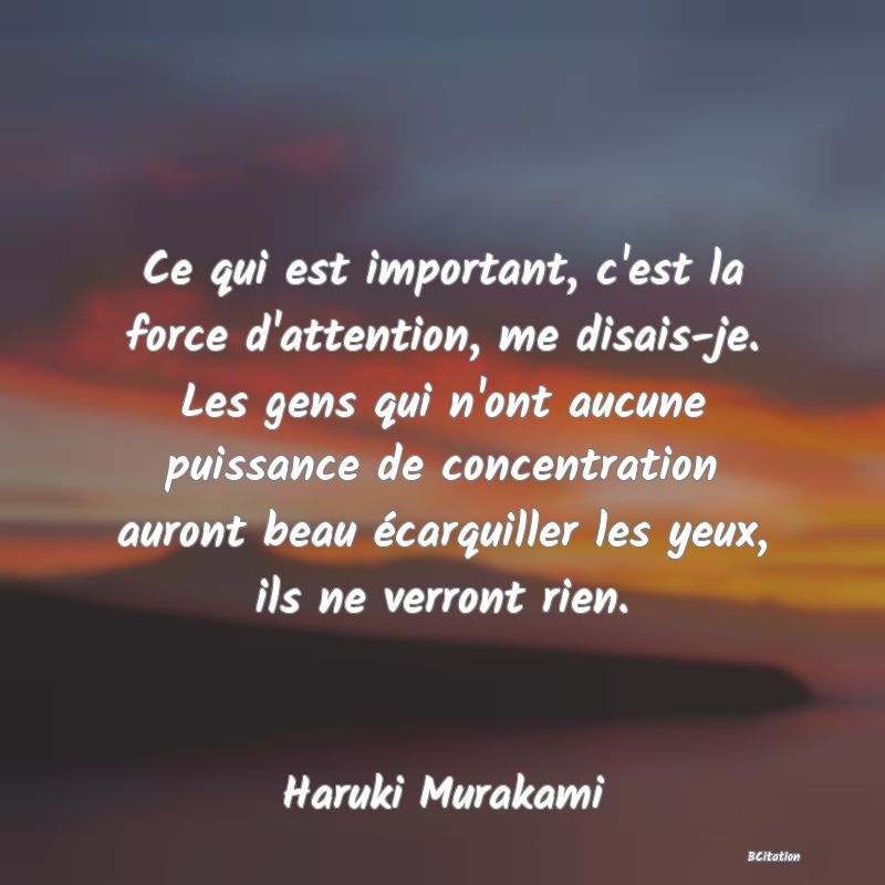 image de citation: Ce qui est important, c'est la force d'attention, me disais-je. Les gens qui n'ont aucune puissance de concentration auront beau écarquiller les yeux, ils ne verront rien.