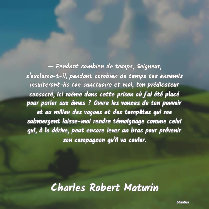 image de citation: — Pendant combien de temps, Seigneur, s'exclama-t-il, pendant combien de temps tes ennemis insulteront-ils ton sanctuaire et moi, ton prédicateur consacré, ici même dans cette prison où j'ai été placé pour parler aux âmes ? Ouvre les vannes de ton pouvoir et au milieu des vagues et des tempêtes qui me submergent laisse-moi rendre témoignage comme celui qui, à la dérive, peut encore lever un bras pour prévenir son compagnon qu'il va couler.