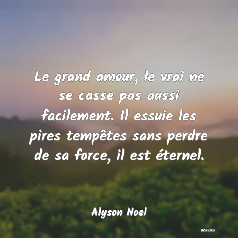 Belle Citation - Le grand amour, le vrai ne se casse pas aussi facilement. Il essuie les pires tempêtes sans perdre de sa force, il est éternel. - Alyson Noel
