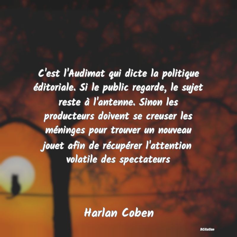 Belle Citation - C'est l'Audimat qui dicte la politique éditoriale. Si le public regarde, le sujet reste à l'antenne. Sinon les producteurs doivent se creuser les méninges pour trouver un nouveau jouet afin de récupérer l'attention volatile des spectateurs - Harlan Coben