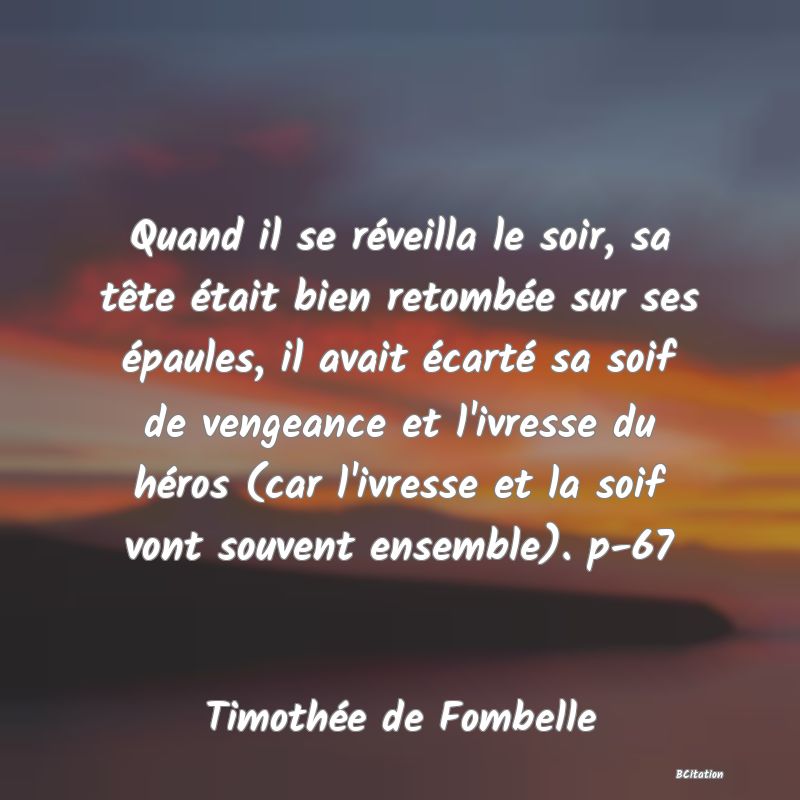 image de citation: Quand il se réveilla le soir, sa tête était bien retombée sur ses épaules, il avait écarté sa soif de vengeance et l'ivresse du héros (car l'ivresse et la soif vont souvent ensemble). p-67