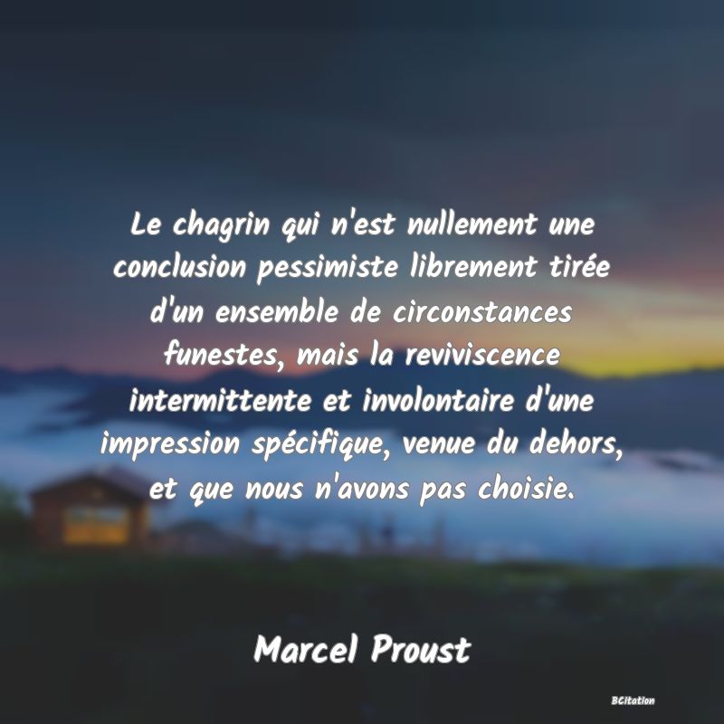 image de citation: Le chagrin qui n'est nullement une conclusion pessimiste librement tirée d'un ensemble de circonstances funestes, mais la reviviscence intermittente et involontaire d'une impression spécifique, venue du dehors, et que nous n'avons pas choisie.