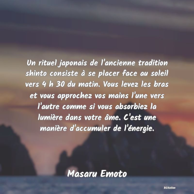 image de citation: Un rituel japonais de l'ancienne tradition shinto consiste à se placer face au soleil vers 4 h 30 du matin. Vous levez les bras et vous approchez vos mains l'une vers l'autre comme si vous absorbiez la lumière dans votre âme. C'est une manière d'accumuler de l'énergie.