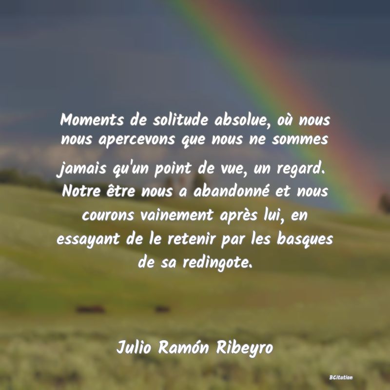 image de citation: Moments de solitude absolue, où nous nous apercevons que nous ne sommes jamais qu'un point de vue, un regard. Notre être nous a abandonné et nous courons vainement après lui, en essayant de le retenir par les basques de sa redingote.