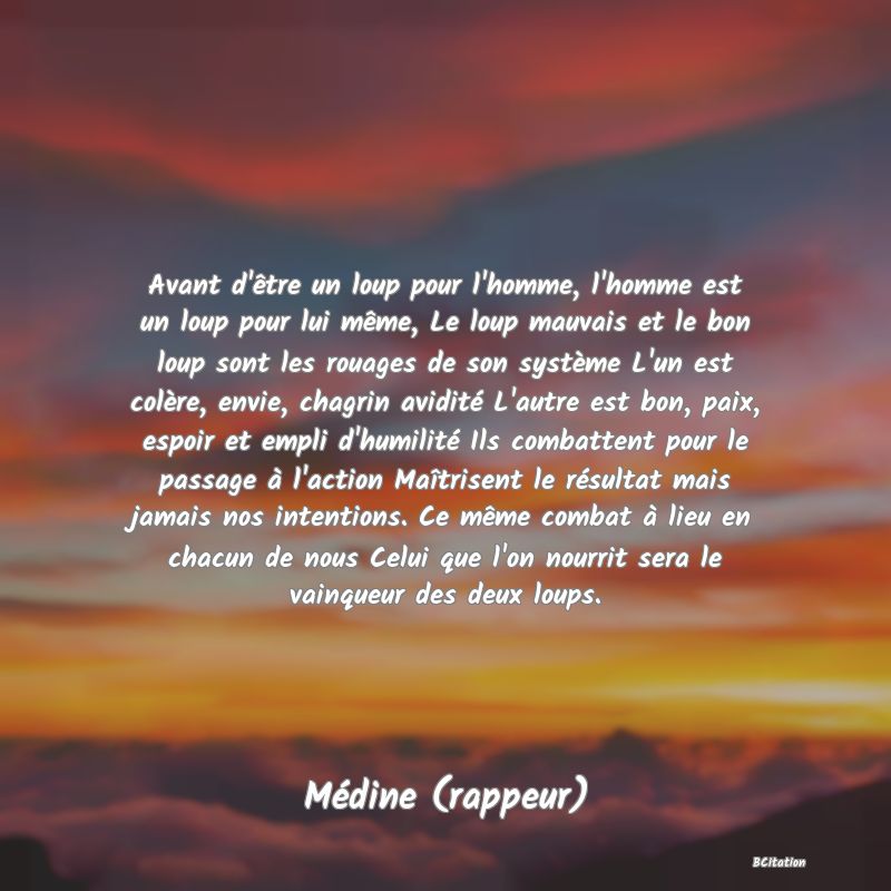 Belle Citation - Avant d'être un loup pour l'homme, l'homme est un loup pour lui même, Le loup mauvais et le bon loup sont les rouages de son système L'un est colère, envie, chagrin avidité L'autre est bon, paix, espoir et empli d'humilité Ils combattent pour le passage à l'action Maîtrisent le résultat mais jamais nos intentions. Ce même combat à lieu en chacun de nous Celui que l'on nourrit sera le vainqueur des deux loups. - Médine (rappeur)