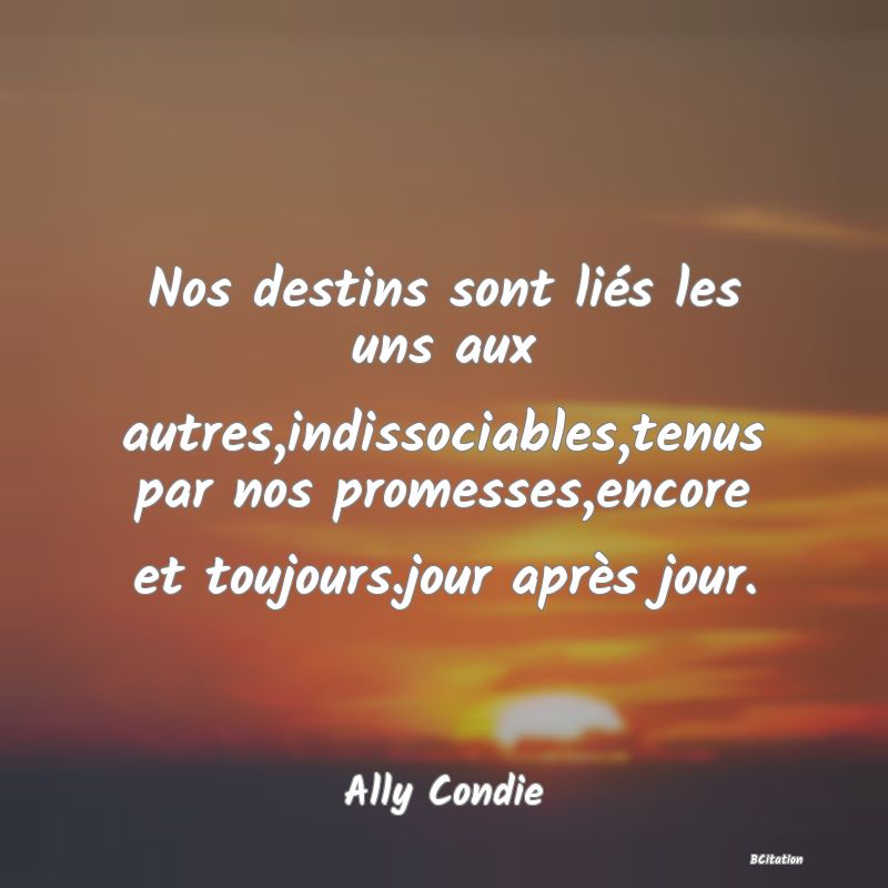 image de citation: Nos destins sont liés les uns aux autres,indissociables,tenus par nos promesses,encore et toujours.jour après jour.