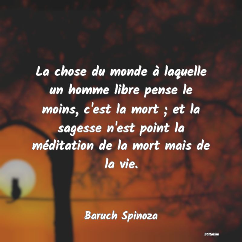 image de citation: La chose du monde à laquelle un homme libre pense le moins, c'est la mort ; et la sagesse n'est point la méditation de la mort mais de la vie.