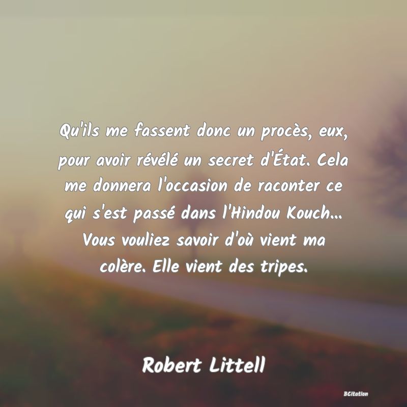 image de citation: Qu'ils me fassent donc un procès, eux, pour avoir révélé un secret d'État. Cela me donnera l'occasion de raconter ce qui s'est passé dans l'Hindou Kouch... Vous vouliez savoir d'où vient ma colère. Elle vient des tripes.