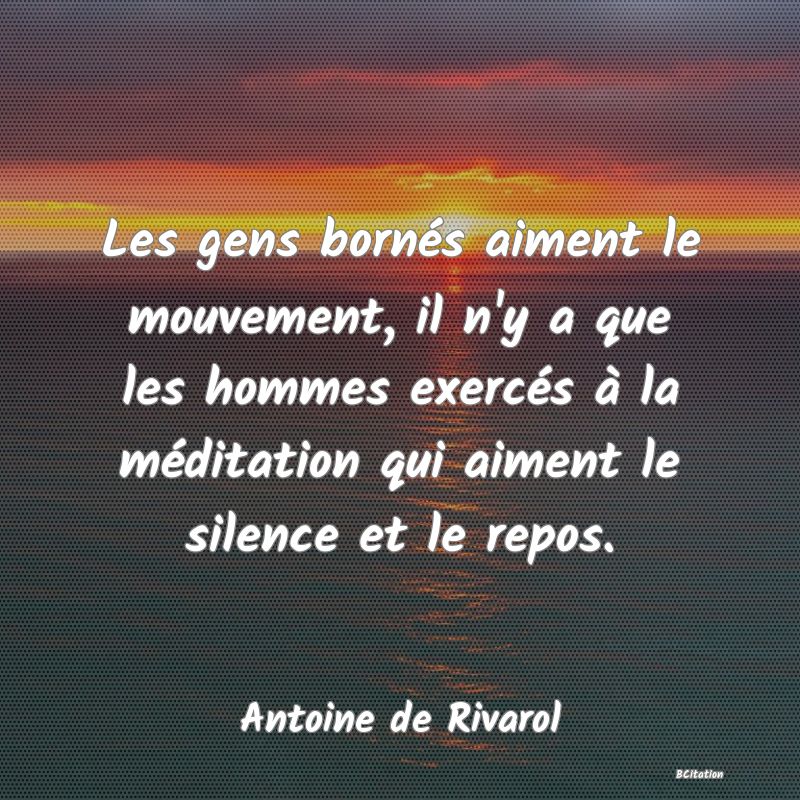 image de citation: Les gens bornés aiment le mouvement, il n'y a que les hommes exercés à la méditation qui aiment le silence et le repos.