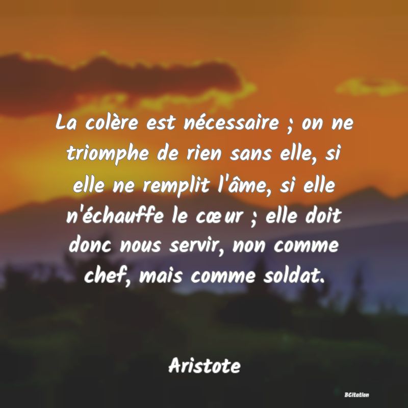 image de citation: La colère est nécessaire ; on ne triomphe de rien sans elle, si elle ne remplit l'âme, si elle n'échauffe le cœur ; elle doit donc nous servir, non comme chef, mais comme soldat.