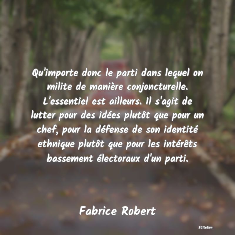 image de citation: Qu'importe donc le parti dans lequel on milite de manière conjoncturelle. L'essentiel est ailleurs. Il s'agit de lutter pour des idées plutôt que pour un chef, pour la défense de son identité ethnique plutôt que pour les intérêts bassement électoraux d'un parti.