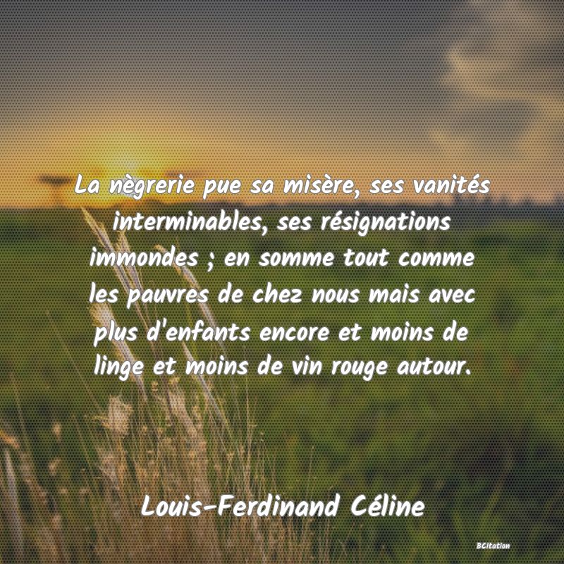 image de citation: La nègrerie pue sa misère, ses vanités interminables, ses résignations immondes ; en somme tout comme les pauvres de chez nous mais avec plus d'enfants encore et moins de linge et moins de vin rouge autour.