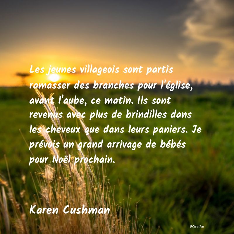 Belle Citation - Les jeunes villageois sont partis ramasser des branches pour l'église, avant l'aube, ce matin. Ils sont revenus avec plus de brindilles dans les cheveux que dans leurs paniers. Je prévois un grand arrivage de bébés pour Noël prochain. - Karen Cushman