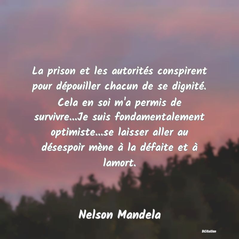 image de citation: La prison et les autorités conspirent pour dépouiller chacun de se dignité. Cela en soi m'a permis de survivre...Je suis fondamentalement optimiste...se laisser aller au désespoir mène à la défaite et à lamort.