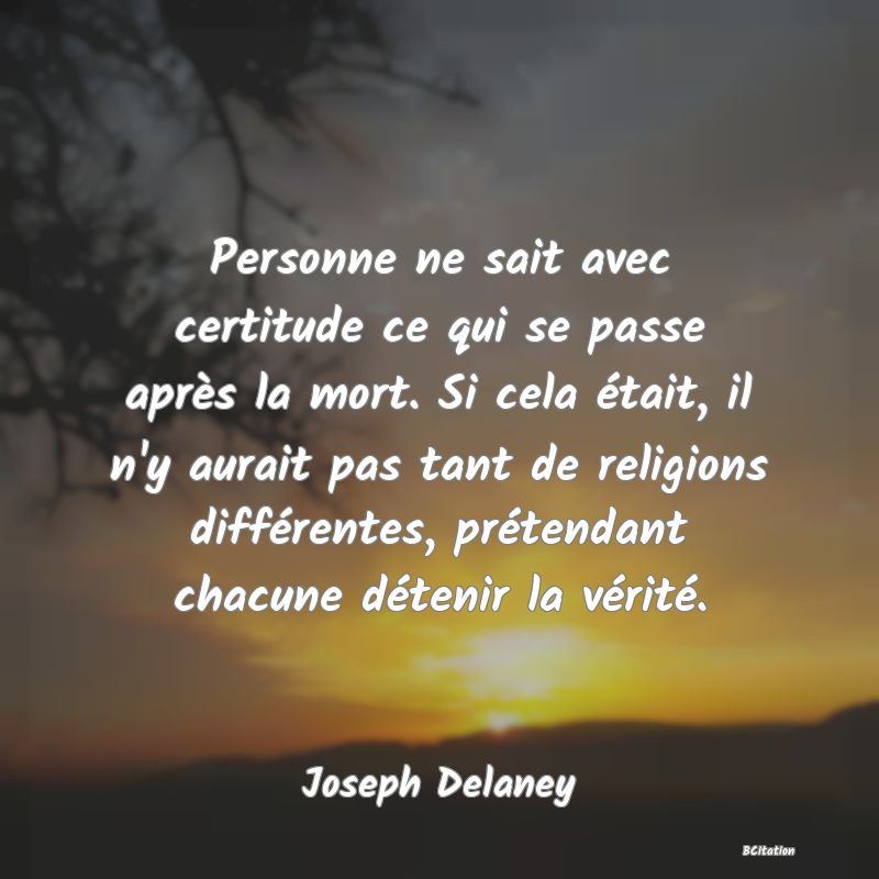 image de citation: Personne ne sait avec certitude ce qui se passe après la mort. Si cela était, il n'y aurait pas tant de religions différentes, prétendant chacune détenir la vérité.