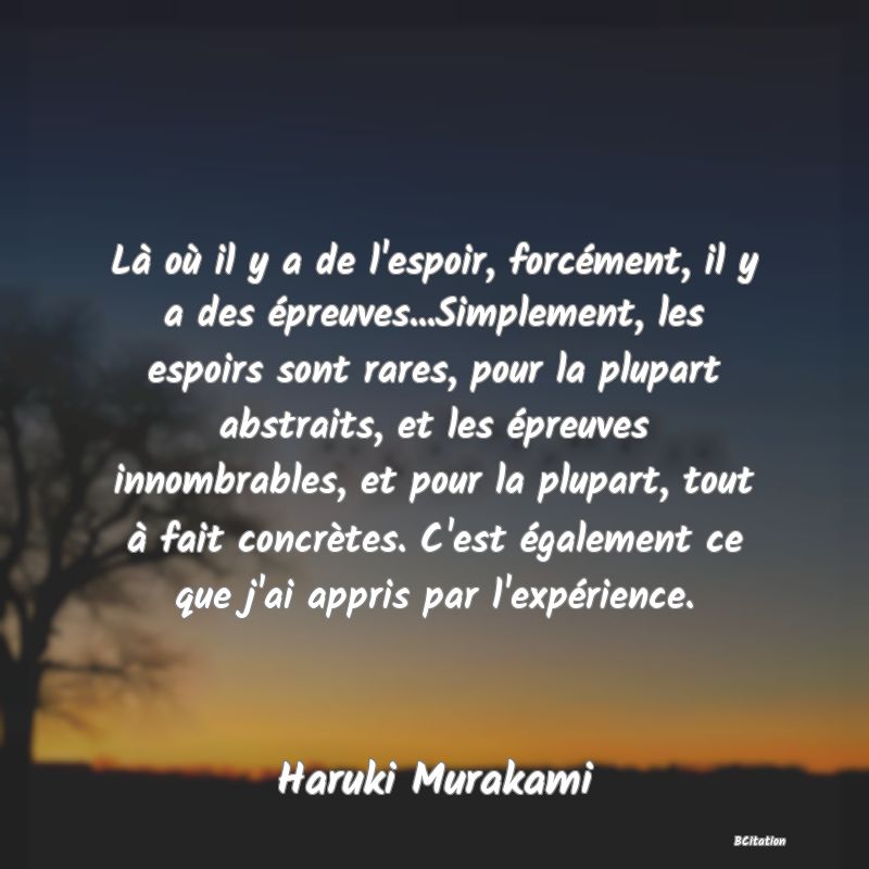 image de citation: Là où il y a de l'espoir, forcément, il y a des épreuves...Simplement, les espoirs sont rares, pour la plupart abstraits, et les épreuves innombrables, et pour la plupart, tout à fait concrètes. C'est également ce que j'ai appris par l'expérience.