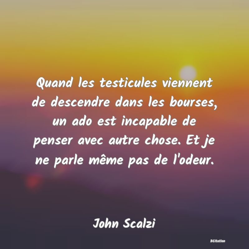 image de citation: Quand les testicules viennent de descendre dans les bourses, un ado est incapable de penser avec autre chose. Et je ne parle même pas de l'odeur.