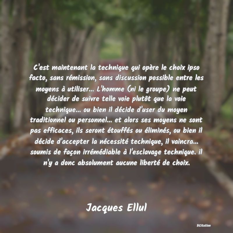 image de citation: C'est maintenant la technique qui opère le choix ipso facto, sans rémission, sans discussion possible entre les moyens à utiliser... L'homme (ni le groupe) ne peut décider de suivre telle voie plutôt que la voie technique... ou bien il décide d'user du moyen traditionnel ou personnel... et alors ses moyens ne sont pas efficaces, ils seront étouffés ou éliminés, ou bien il décide d'accepter la nécessité technique, il vaincra... soumis de façon irrémédiable à l'esclavage technique. il n'y a donc absolument aucune liberté de choix.