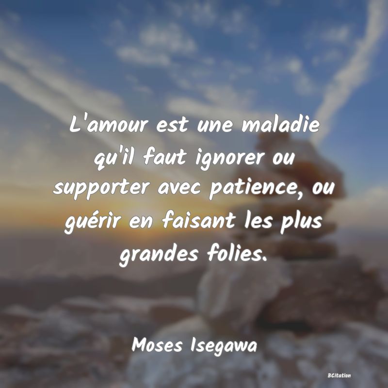 image de citation: L'amour est une maladie qu'il faut ignorer ou supporter avec patience, ou guérir en faisant les plus grandes folies.