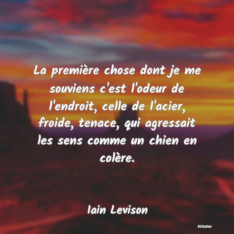 image de citation: La première chose dont je me souviens c'est l'odeur de l'endroit, celle de l'acier, froide, tenace, qui agressait les sens comme un chien en colère.