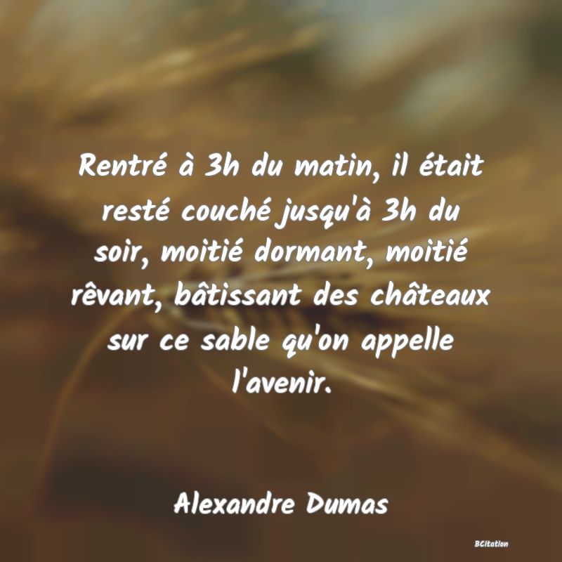 image de citation: Rentré à 3h du matin, il était resté couché jusqu'à 3h du soir, moitié dormant, moitié rêvant, bâtissant des châteaux sur ce sable qu'on appelle l'avenir.