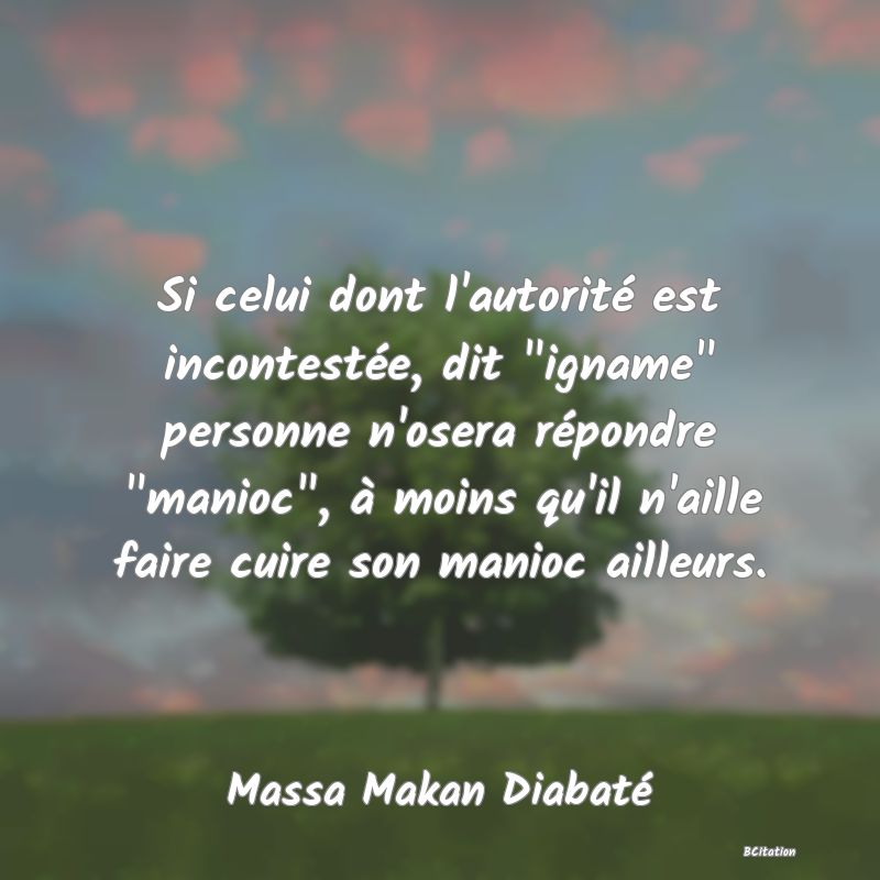 image de citation: Si celui dont l'autorité est incontestée, dit  igname  personne n'osera répondre  manioc , à moins qu'il n'aille faire cuire son manioc ailleurs.