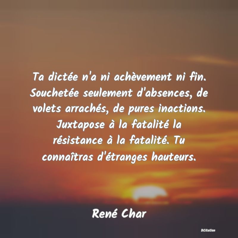 image de citation: Ta dictée n'a ni achèvement ni fin. Souchetée seulement d'absences, de volets arrachés, de pures inactions. Juxtapose à la fatalité la résistance à la fatalité. Tu connaîtras d'étranges hauteurs.