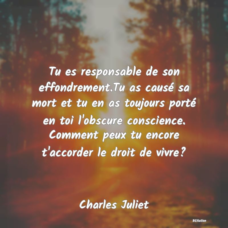 image de citation: Tu es responsable de son effondrement.Tu as causé sa mort et tu en as toujours porté en toi l'obscure conscience. Comment peux tu encore t'accorder le droit de vivre?