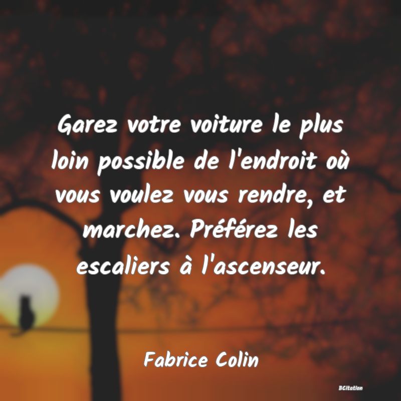 image de citation: Garez votre voiture le plus loin possible de l'endroit où vous voulez vous rendre, et marchez. Préférez les escaliers à l'ascenseur.