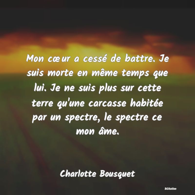 image de citation: Mon cœur a cessé de battre. Je suis morte en même temps que lui. Je ne suis plus sur cette terre qu'une carcasse habitée par un spectre, le spectre ce mon âme.