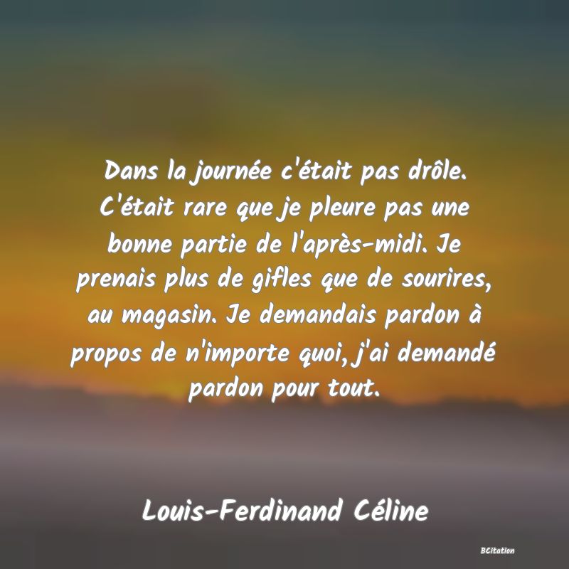 image de citation: Dans la journée c'était pas drôle. C'était rare que je pleure pas une bonne partie de l'après-midi. Je prenais plus de gifles que de sourires, au magasin. Je demandais pardon à propos de n'importe quoi, j'ai demandé pardon pour tout.