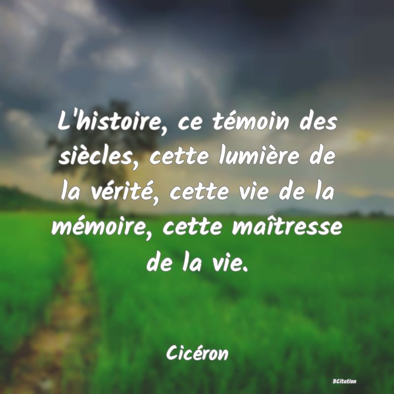 image de citation: L'histoire, ce témoin des siècles, cette lumière de la vérité, cette vie de la mémoire, cette maîtresse de la vie.