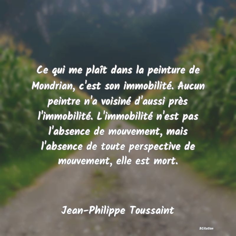 image de citation: Ce qui me plaît dans la peinture de Mondrian, c'est son immobilité. Aucun peintre n'a voisiné d'aussi près l'immobilité. L'immobilité n'est pas l'absence de mouvement, mais l'absence de toute perspective de mouvement, elle est mort.