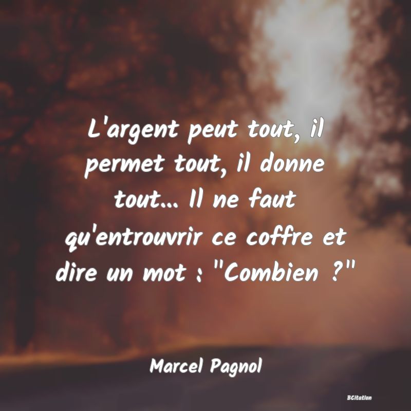 image de citation: L'argent peut tout, il permet tout, il donne tout... Il ne faut qu'entrouvrir ce coffre et dire un mot :  Combien ? 