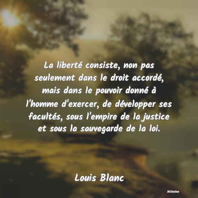 image de citation: La liberté consiste, non pas seulement dans le droit accordé, mais dans le pouvoir donné à l'homme d'exercer, de développer ses facultés, sous l'empire de la justice et sous la sauvegarde de la loi.