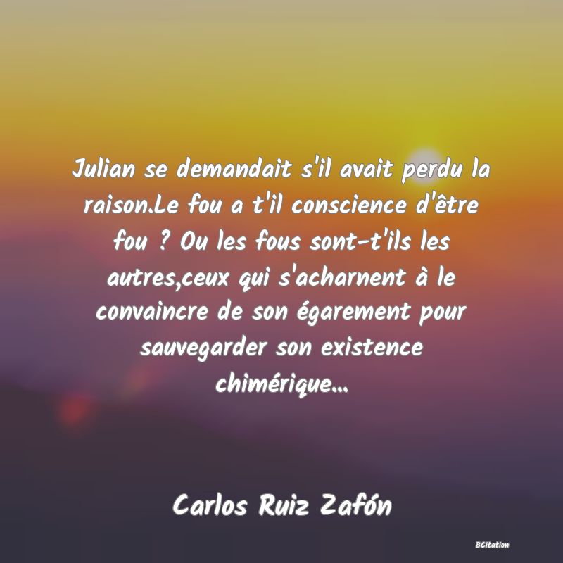 Belle Citation - Julian se demandait s'il avait perdu la raison.Le fou a t'il conscience d'être fou ? Ou les fous sont-t'ils les autres,ceux qui s'acharnent à le convaincre de son égarement pour sauvegarder son existence chimérique... - Carlos Ruiz Zafón