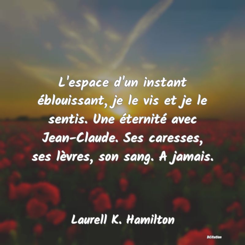 image de citation: L'espace d'un instant éblouissant, je le vis et je le sentis. Une éternité avec Jean-Claude. Ses caresses, ses lèvres, son sang. A jamais.