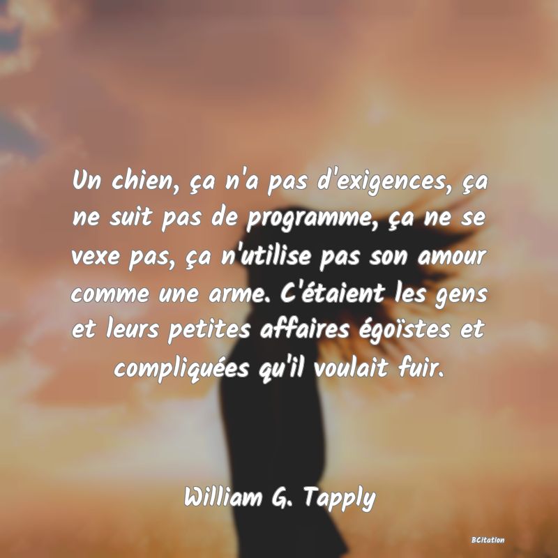 image de citation: Un chien, ça n'a pas d'exigences, ça ne suit pas de programme, ça ne se vexe pas, ça n'utilise pas son amour comme une arme. C'étaient les gens et leurs petites affaires égoïstes et compliquées qu'il voulait fuir.