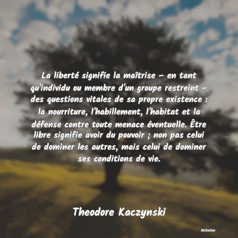 image de citation: La liberté signifie la maîtrise – en tant qu'individu ou membre d'un groupe restreint – des questions vitales de sa propre existence : la nourriture, l'habillement, l'habitat et la défense contre toute menace éventuelle. Être libre signifie avoir du pouvoir ; non pas celui de dominer les autres, mais celui de dominer ses conditions de vie.