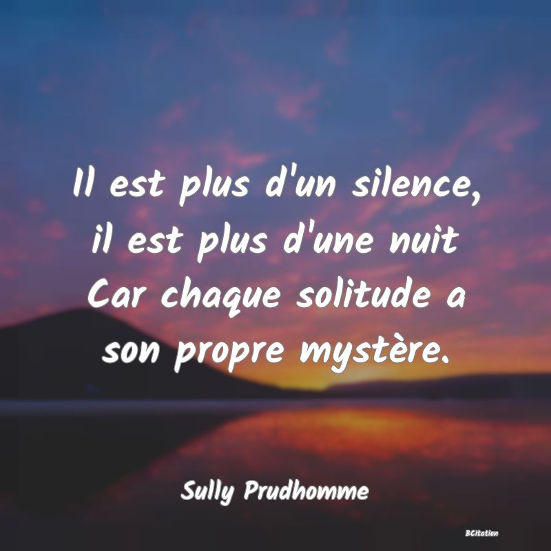 image de citation: Il est plus d'un silence, il est plus d'une nuit Car chaque solitude a son propre mystère.