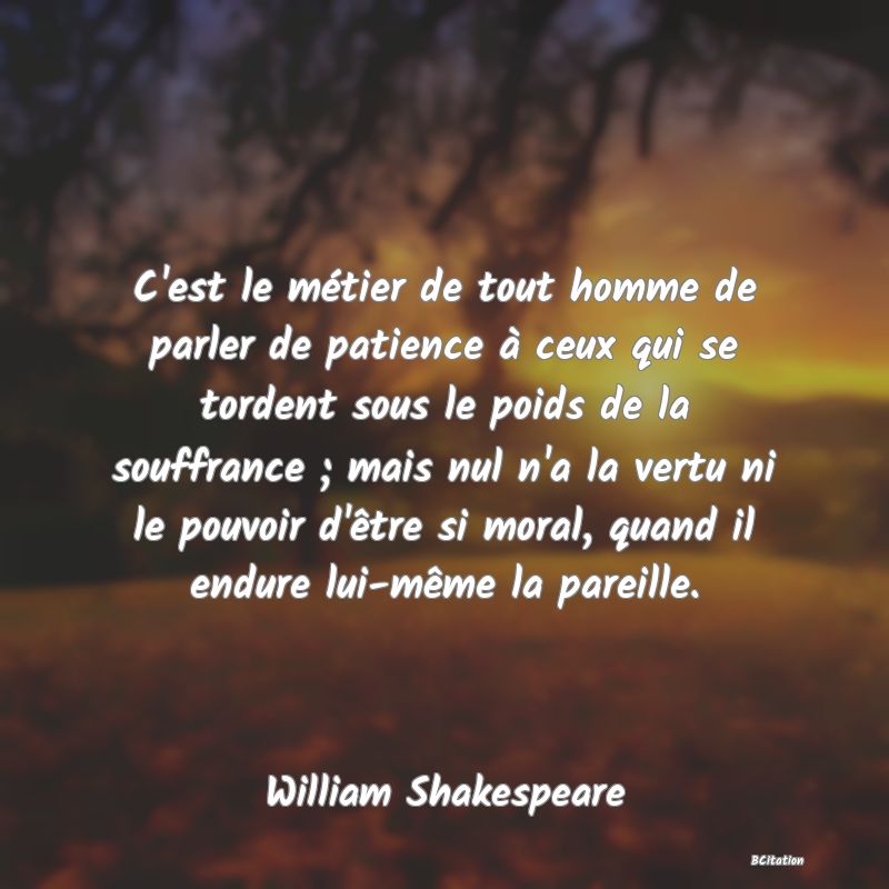 image de citation: C'est le métier de tout homme de parler de patience à ceux qui se tordent sous le poids de la souffrance ; mais nul n'a la vertu ni le pouvoir d'être si moral, quand il endure lui-même la pareille.