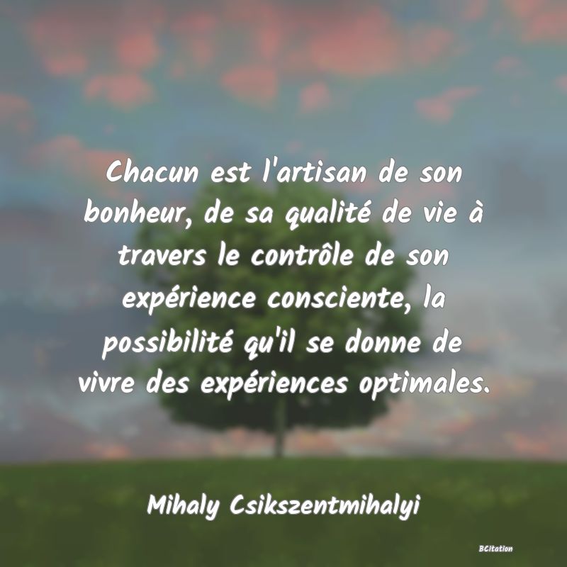 image de citation: Chacun est l'artisan de son bonheur, de sa qualité de vie à travers le contrôle de son expérience consciente, la possibilité qu'il se donne de vivre des expériences optimales.