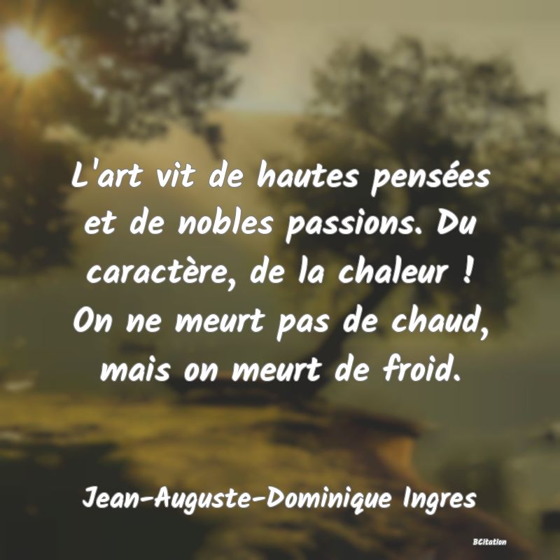 image de citation: L'art vit de hautes pensées et de nobles passions. Du caractère, de la chaleur ! On ne meurt pas de chaud, mais on meurt de froid.