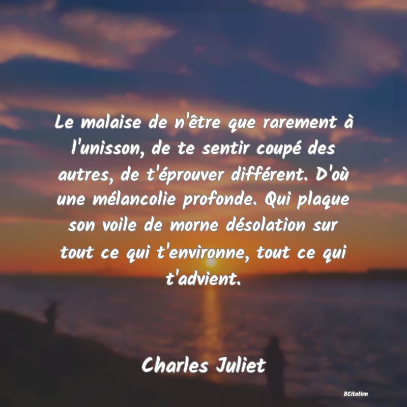 Belle Citation - Le malaise de n'être que rarement à l'unisson, de te sentir coupé des autres, de t'éprouver différent. D'où une mélancolie profonde. Qui plaque son voile de morne désolation sur tout ce qui t'environne, tout ce qui t'advient. - Charles Juliet