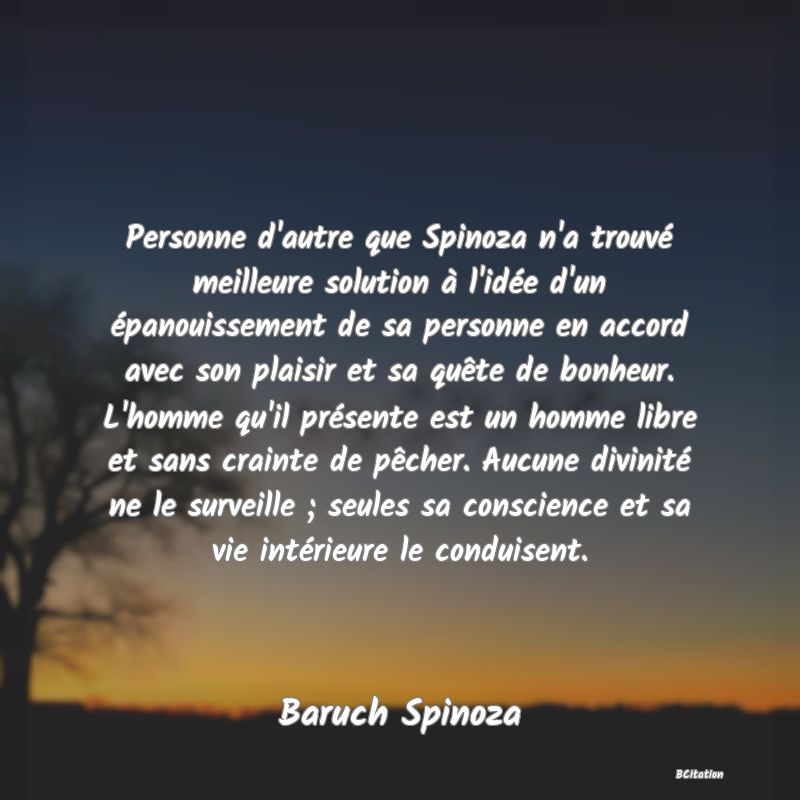 image de citation: Personne d'autre que Spinoza n'a trouvé meilleure solution à l'idée d'un épanouissement de sa personne en accord avec son plaisir et sa quête de bonheur. L'homme qu'il présente est un homme libre et sans crainte de pêcher. Aucune divinité ne le surveille ; seules sa conscience et sa vie intérieure le conduisent.