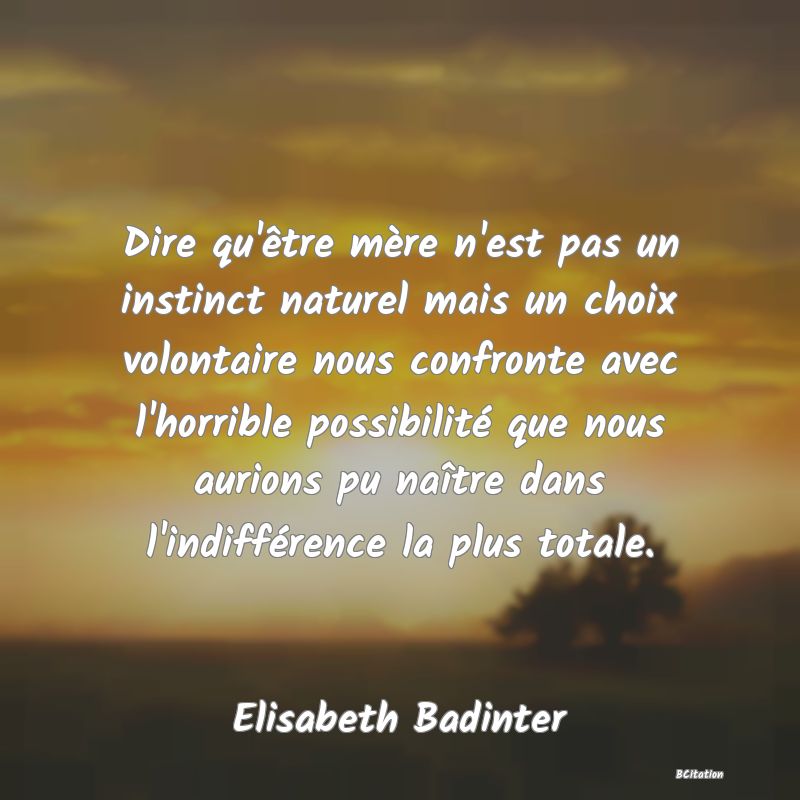 image de citation: Dire qu'être mère n'est pas un instinct naturel mais un choix volontaire nous confronte avec l'horrible possibilité que nous aurions pu naître dans l'indifférence la plus totale.