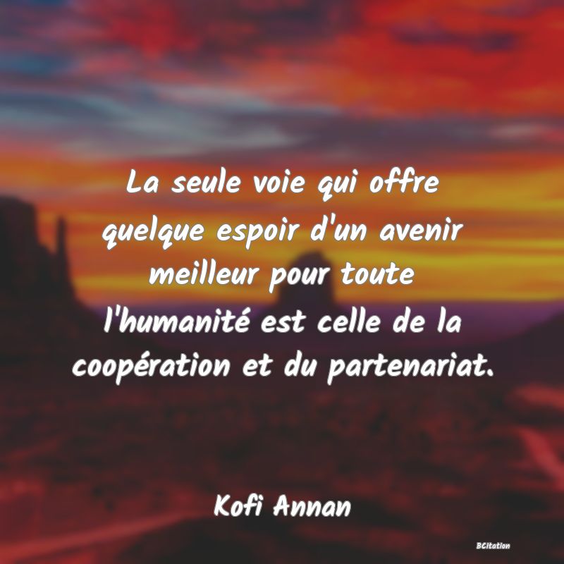 image de citation: La seule voie qui offre quelque espoir d'un avenir meilleur pour toute l'humanité est celle de la coopération et du partenariat.